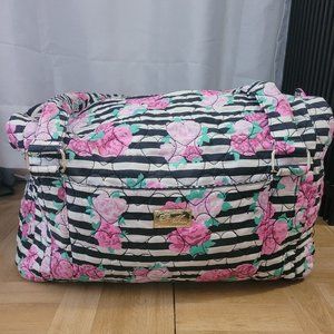 Betsey Johnson quilted heart black and white stripe pink flower weekender tote